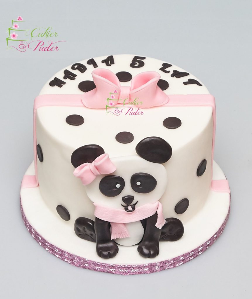 tort urodzinowy - urodziny dziecka - minsk mazowiecki - figurka panda - wstazka i kokardka - tort dla dziewczynki