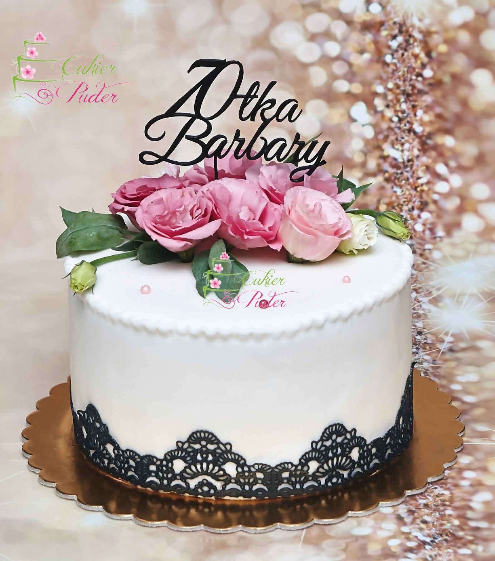 tort urodzinowy - tort na rocznicę - mińsk mazowiecki - masa cukrowa - topper - 70 lat - jadalna koronka - świeże kawiaty
