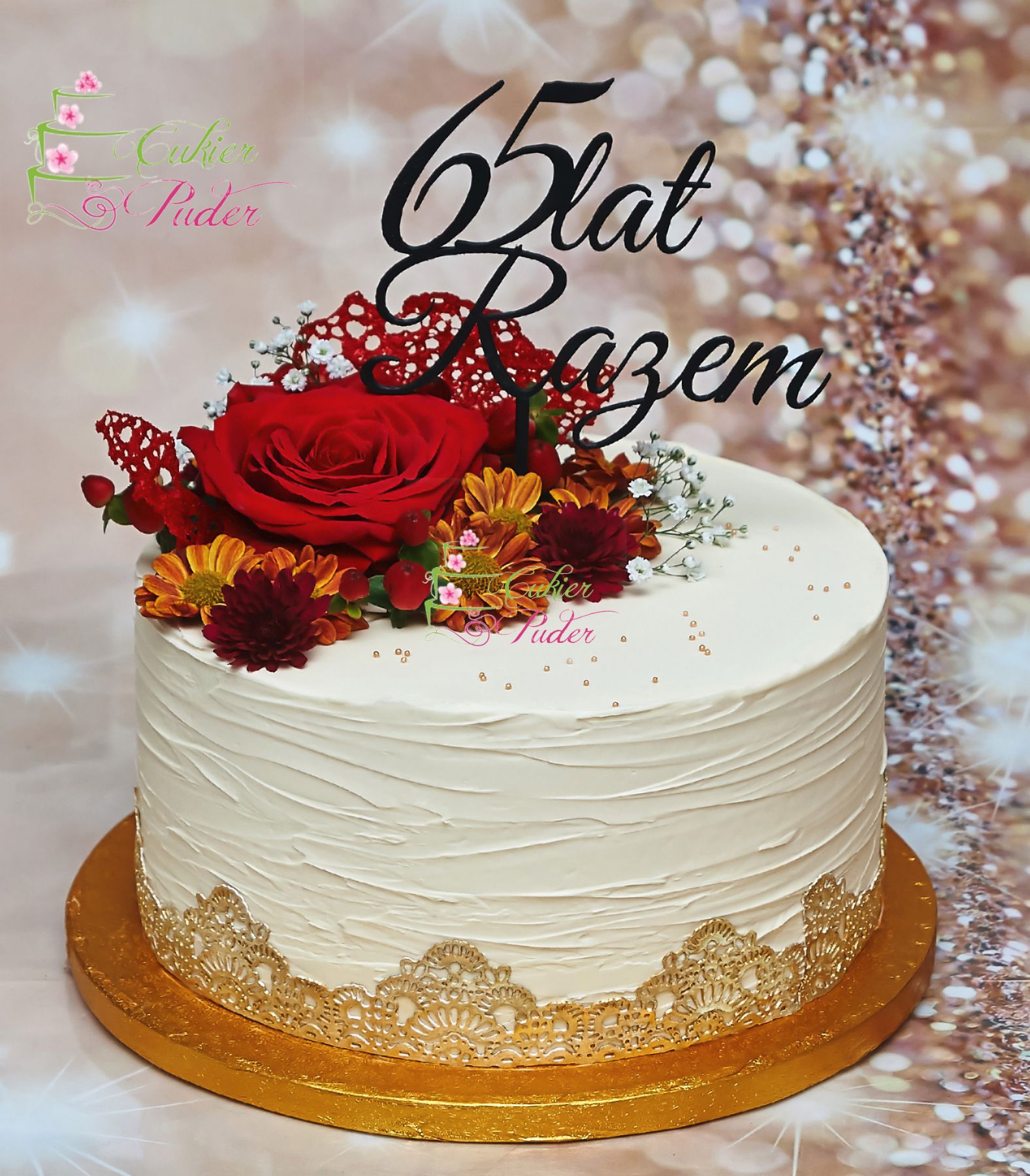 tort urodzinowy - tort na rocznicę - mińsk mazowiecki - tort zacierany - jadalna koronka- świeże kwiaty - 40 lat - tort dla kobiety - świeże kwiaty - topper - 65 lat razem